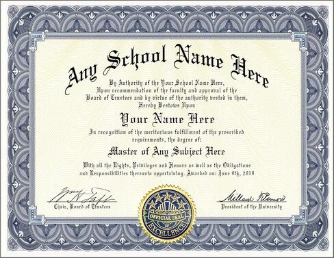 Novelty College Masters Degree Diploma - Gag Gift - Any School in Saudi Arabia
