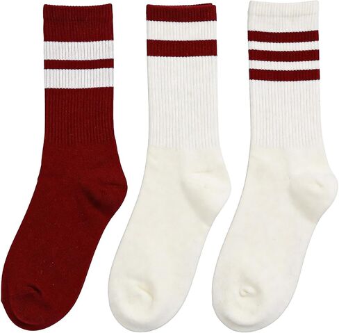 3Pairs Striped Socks for Women, Red + White + Burgundy Sock Retro Ankle Sock Red Crew Boots Socks, Size 5-9 in Kuwait