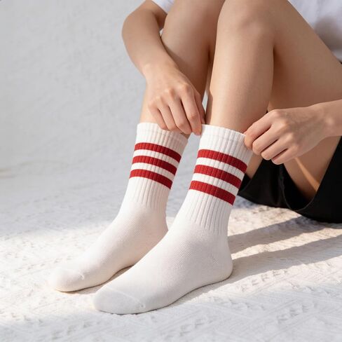 3Pairs Striped Socks for Women, Red + White + Burgundy Sock Retro Ankle Sock Red Crew Boots Socks, Size 5-9 in Kuwait