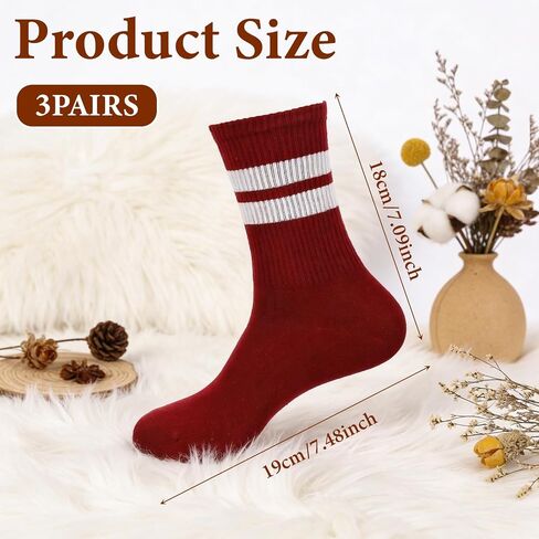 3Pairs Striped Socks for Women, Red + White + Burgundy Sock Retro Ankle Sock Red Crew Boots Socks, Size 5-9 in Kuwait