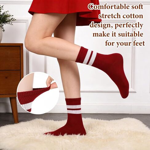 3Pairs Striped Socks for Women, Red + White + Burgundy Sock Retro Ankle Sock Red Crew Boots Socks, Size 5-9 in Kuwait