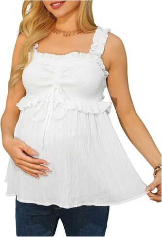 MakeMeChic Women's Maternity Tank Tops Backless Tie Front Ruffle Pregnancy Boho Peplum Tops in Kuwait