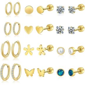 Surgical Steel 14k Gold Plated Huggie Hoop Screw Flat Back CZ Cartilage Piercing Earrings Set for Women, Waterproof Non Tarnish Earrings for Hypoallergenic Lightweight and Multiple Piercing Sets in Saudi Arabia