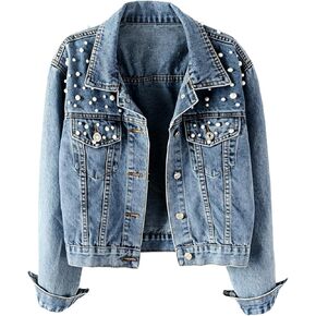 Women Pearl Denim Jacket Embroidered Beading Jeans Coat in Saudi Arabia