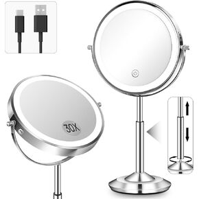 vpu Makeup Mirror with Lights, 1X/30X Lighted Magnifying Mirror Height Adjustable, 3000mAh Rechargeable Double Sided Vanity Mirrors with 3 LED Lighting and Adjustable Brightness for Desk Women Gift in Saudi Arabia