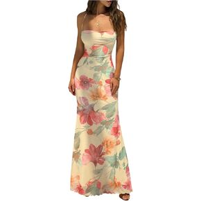 GORGLITTER Women's Floral Boho Maxi Dress Sexy Backless Lace Up Sleeveless Summer Birthday Cocktail 90s Long Dresses in Kuwait