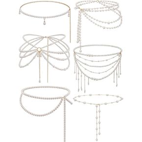 JenPen 6 Piece Pearl Belt Tassel Waist Chain - French Vintage Layered Pearl Body Chain Belt for Women, Bridal Wedding Dresses, Summer Beach Bikini Belly Jewelry in Kuwait