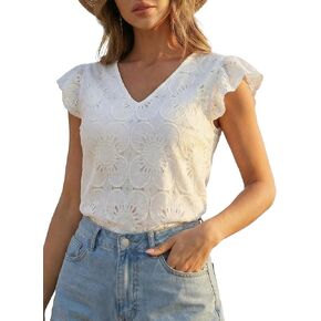 CUPSHE Women's Lace Eyelet Top - V Neck Ruffle Short Sleeve Floral Casual Summer Outfits 2026 in Kuwait