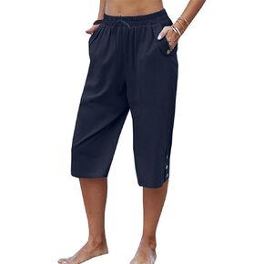 Larmliss Womens Casual Capri Pants Elastic Waist Solid Color 3/4 Wide Leg Summer Trousers with Pockets in Saudi Arabia