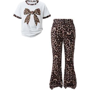 Tween Girls Clothes 2 Piece Outfits Bow Short Sleeve Tops and Leopard Print Flare Pants Summer Set in Saudi Arabia