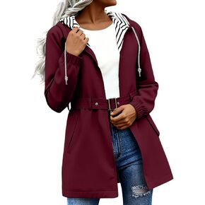 Womens Rain Jacket Lightweight Zip Up Raincoat Drawstring Hooded Raincoats with Belt Waterproof Windbreaker Jackets in Saudi Arabia