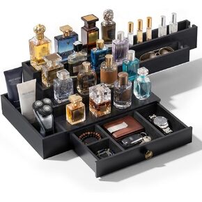 Cologne Organizer for Men, 4-Tier Wooden Perfume Stand with 3 Velvet Lining Drawers, Large Capacity Fragrance Storage Shelf for Dresser, Ideal Gift for Birthday Father's Day, Black in Saudi Arabia