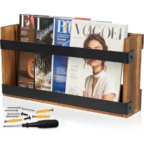 Wood Magazine Rack Wall Mounted & Wall Magazine Rack, Pine Wood Black Metal Wall Magazine Holder for Magazines, Books, Mountable or Freestanding Organizer in Saudi Arabia