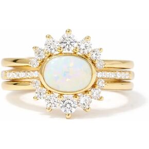 18K Gold Plated Opal Ring Set for Women, 3PCS Crown Inspired Opal & Cubic Zirconia Rings in 925 Sterling Silver, Vintage Bridal Wedding Band Stackable Fine Jewelry in Saudi Arabia