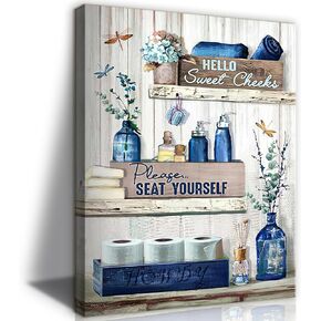 BJVJKSU Navy Blue Bathroom Decor Wall Art Rustic Blue Bathroom Canvas Wall Decor Please Seat Yourself Sign Print Painting Vintage Aesthetic Picture Artwork Decor(12x16in) in Saudi Arabia