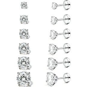 6 Pairs 20G Hypoallergenic Flat Back Earrings 316L Stainless Steel Silver Studs with Cubic Zirconia Birthstone Cartilage Earrings for Sensitive Ears Women Men in Saudi Arabia