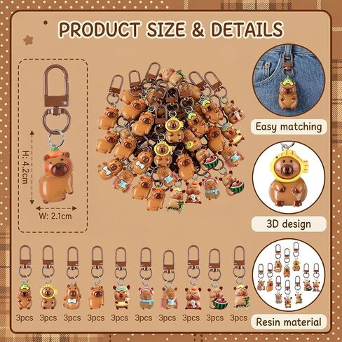 30 Pcs Adorable Capybara Keychains Set - Kawaii Animal Bag Charms with 10 Designs, 3 Styles (Cute, Classic, Vivid) for Gifts, Backpack Decor, Party Favors in Saudi Arabia