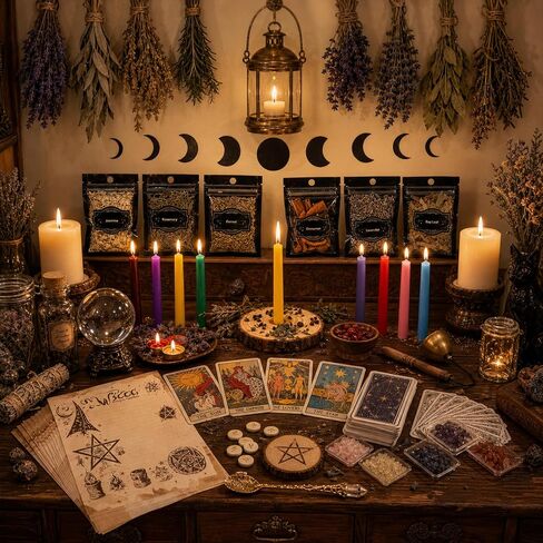 Witchcraft Kit for Spells, Wiccan Supplies and Tools for Witch Altar Rituals, Energy Cleansing, Dried Flowers and Herbs with Incense Crystals Candles, Witchy Gifts Box for Women in Saudi Arabia