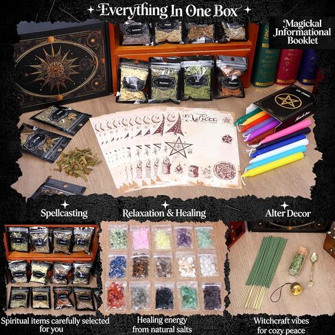 Witchcraft Kit for Spells, Wiccan Supplies and Tools for Witch Altar Rituals, Energy Cleansing, Dried Flowers and Herbs with Incense Crystals Candles, Witchy Gifts Box for Women in Saudi Arabia