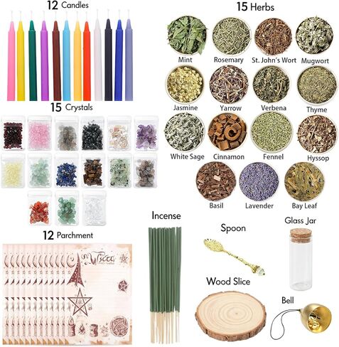 Witchcraft Kit for Spells, Wiccan Supplies and Tools for Witch Altar Rituals, Energy Cleansing, Dried Flowers and Herbs with Incense Crystals Candles, Witchy Gifts Box for Women in Saudi Arabia