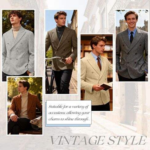 Retro Tweed Blazer Men Herringbone Jacket Suit Slim Fit Double Breasted Sport Coat Wool Blend Formal Business Jacket Prom in Saudi Arabia