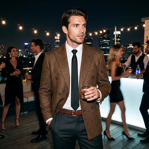 Retro Tweed Blazer Men Herringbone Jacket Suit Slim Fit Double Breasted Sport Coat Wool Blend Formal Business Jacket Prom in Saudi Arabia