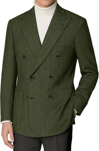 Retro Tweed Blazer Men Herringbone Jacket Suit Slim Fit Double Breasted Sport Coat Wool Blend Formal Business Jacket Prom in Saudi Arabia