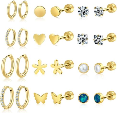 Surgical Steel 14k Gold Plated Huggie Hoop Screw Flat Back CZ Cartilage Piercing Earrings Set for Women, Waterproof Non Tarnish Earrings for Hypoallergenic Lightweight and Multiple Piercing Sets in Saudi Arabia