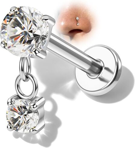 COCHARM 18g/20g Titanium Flat Back Nose Stud, Dangle Double CZ Theadless Nose Ring Stud, Gold Sparkling CZ Push Pin Hypoallergenic Nostrial Stud in Kuwait