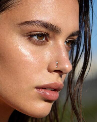 COCHARM 18g/20g Titanium Flat Back Nose Stud, Dangle Double CZ Theadless Nose Ring Stud, Gold Sparkling CZ Push Pin Hypoallergenic Nostrial Stud in Kuwait