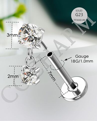 COCHARM 18g/20g Titanium Flat Back Nose Stud, Dangle Double CZ Theadless Nose Ring Stud, Gold Sparkling CZ Push Pin Hypoallergenic Nostrial Stud in Kuwait