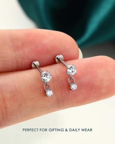 COCHARM 18g/20g Titanium Flat Back Nose Stud, Dangle Double CZ Theadless Nose Ring Stud, Gold Sparkling CZ Push Pin Hypoallergenic Nostrial Stud in Kuwait