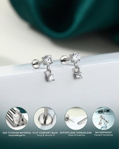 COCHARM 18g/20g Titanium Flat Back Nose Stud, Dangle Double CZ Theadless Nose Ring Stud, Gold Sparkling CZ Push Pin Hypoallergenic Nostrial Stud in Kuwait