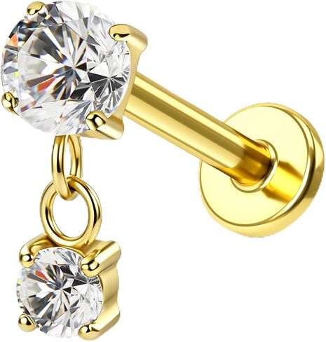 COCHARM 18g/20g Titanium Flat Back Nose Stud, Dangle Double CZ Theadless Nose Ring Stud, Gold Sparkling CZ Push Pin Hypoallergenic Nostrial Stud in Kuwait