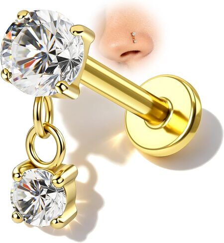 COCHARM 18g/20g Titanium Flat Back Nose Stud, Dangle Double CZ Theadless Nose Ring Stud, Gold Sparkling CZ Push Pin Hypoallergenic Nostrial Stud in Kuwait