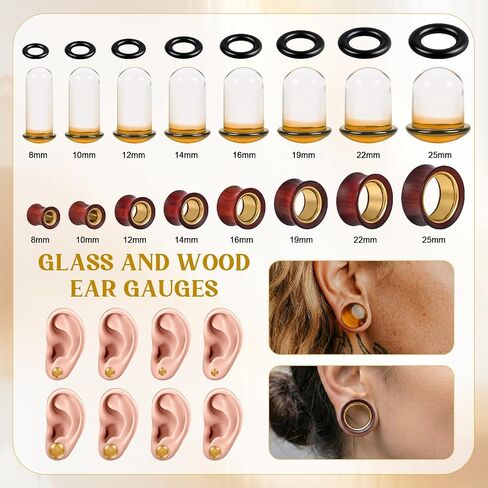PunkTracker 2Pairs Ear Gauges Ear Plugs Ear Tunnels 8-25mm Gauge Earrings, Wood and Glass Stretching Kit Gauges for Ears in Kuwait