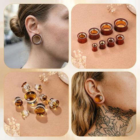 PunkTracker 2Pairs Ear Gauges Ear Plugs Ear Tunnels 8-25mm Gauge Earrings, Wood and Glass Stretching Kit Gauges for Ears in Kuwait