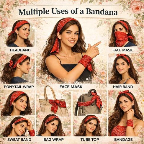 100% Cotton Bandana for Women – Soft Handmade Print Head Scarf, Square Hair Wrap, Lightweight Neck Scarf, Vintage Printed Headband, Multi-Purpose Hair Accessory for Daily Wear, Travel & Styling in Kuwait