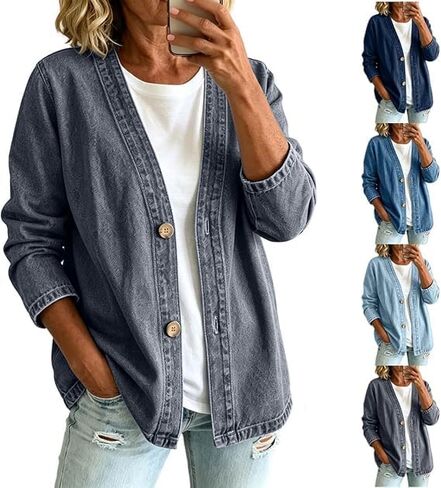Denim Cardigan For Women Lightweight Button Down V Neck Jean Jackets Coat Fashion Long Sleeve Open Front Cardigan in Saudi Arabia