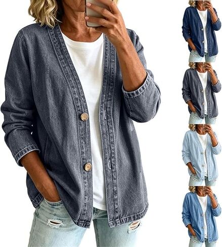 Denim Cardigan For Women Lightweight Button Down V Neck Jean Jackets Coat Fashion Long Sleeve Open Front Cardigan in Saudi Arabia