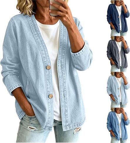Denim Cardigan For Women Lightweight Button Down V Neck Jean Jackets Coat Fashion Long Sleeve Open Front Cardigan in Saudi Arabia