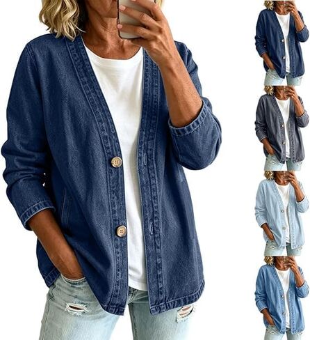 Denim Cardigan For Women Lightweight Button Down V Neck Jean Jackets Coat Fashion Long Sleeve Open Front Cardigan in Saudi Arabia