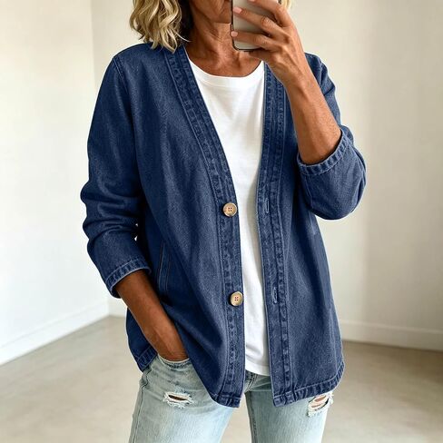 Denim Cardigan For Women Lightweight Button Down V Neck Jean Jackets Coat Fashion Long Sleeve Open Front Cardigan in Saudi Arabia