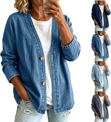 Denim Cardigan For Women Lightweight Button Down V Neck Jean Jackets Coat Fashion Long Sleeve Open Front Cardigan in Saudi Arabia