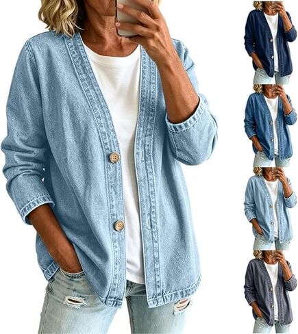 Denim Cardigan For Women Lightweight Button Down V Neck Jean Jackets Coat Fashion Long Sleeve Open Front Cardigan in Saudi Arabia
