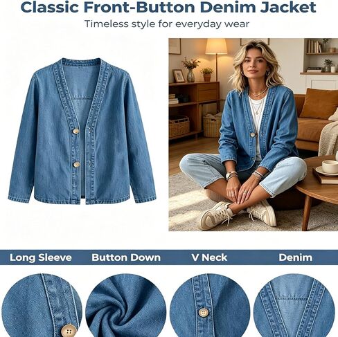 Denim Cardigan For Women Lightweight Button Down V Neck Jean Jackets Coat Fashion Long Sleeve Open Front Cardigan in Saudi Arabia