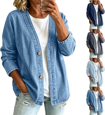 Denim Cardigan For Women Lightweight Button Down V Neck Jean Jackets Coat Fashion Long Sleeve Open Front Cardigan in Saudi Arabia