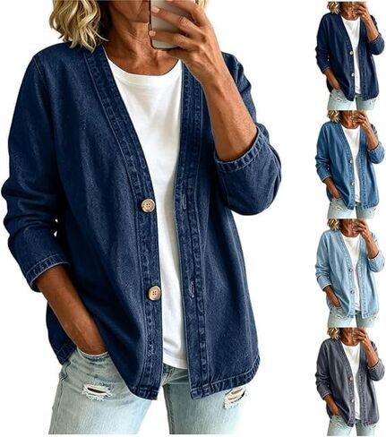 Denim Cardigan For Women Lightweight Button Down V Neck Jean Jackets Coat Fashion Long Sleeve Open Front Cardigan in Saudi Arabia