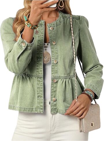 WDIRARA Women's Button Down Denim Jacket Long Puff Sleeve Ruffle Jean Jackets Peplum Outerwear in Kuwait