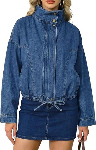 Ladyful Women's Oversized Jean Jacket Boyfriend Denim Bomber Jackets Shacket Long Sleeve Casual Trendy Zip Up Shirt Coat in Kuwait